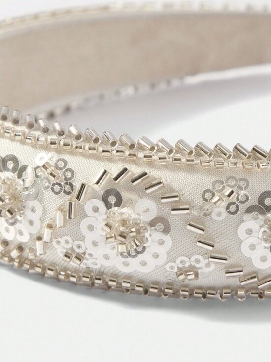 White Sequin Beaded Floral Headband main image 6